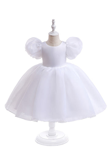 White Tulle A Line Flower Girl Dress with Puff Sleeves